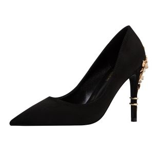Bridal High Heels Engraved Metal Pumps Womens Shallow Pointed Heel Shoes㏇X0415