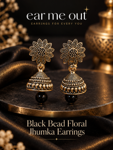 [SG] Black Bead Floral Jhumka Earrings | Antique Gold-Tone Flower Jhumka | Black Bead Drop | Indian Festive Ethnic Earrings | ear me out (EMO-333)
