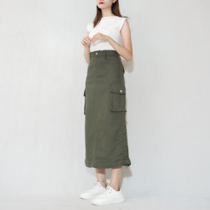 CARICIA A-Line Rok Wanita Cargo Highwaist Twill