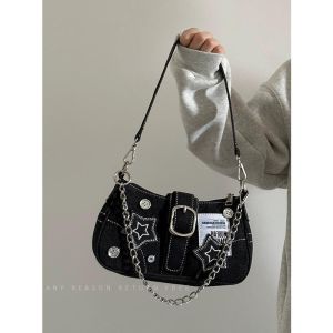 IELGY Ladies Star Denim Shoulder Armpit Bag Retro Button Portable Chain Crossbody Bag