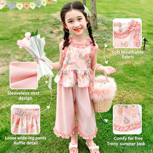 AILEBE Kids Sets Terno Sleeveless Vest Wide-Leg Pants Set Korean Style Summer Outfit Soft Breathable Loose Comfy Fit For Free Movement Trendy OOTD Pambahay For Girls 2-9 Years