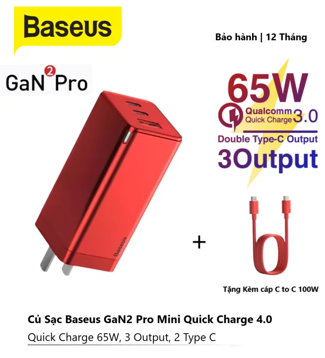 [ Free dây C to C 100W ] Củ sạc Nhanh BASEUS GaN2 Pro 65W USB C PD 3.0 ...
