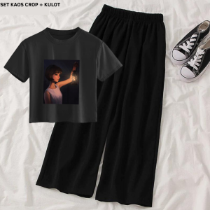 Joy Sana Baju Setelan Wanita Remaja Baju 1 Pasang Kaus Crop Oversize Dan Celana Panjang Kulot Wanita Dalam Kegelapan