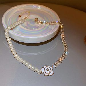 TIMIA Jewelry Accessories White Flower Necklace Hepburnesque Camellia Pearl Chain Choker Elegant Korean Style Rhinestone Necklace Wedding