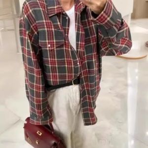 Vintage Plaid Blouse Women Spring Summer Korean Pocket Long Sleeve Lapel Shirt Fashion Streetwear Y2K Clothes 2026 Oversize Tops2026