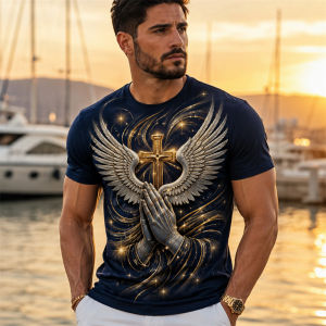 [Local Stock] HBESTY  3D Graphic Print Angel Wings Cross T Shirt For Mens Short Sleeve Casual Summer Streetwear Fashion Top Spiritual Design Clothing