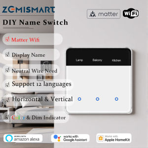 Zemismart Matter WiFi Custom Name Display Screen SwitchDIY Name Switch with Induction Wake-up Button Display Screen Works with Zemismart App/ Homekit Smartthings Google Home