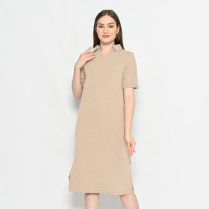 QUEENTIN Dress Wanita Midi 0183 Stretch Snowy Knit Polos Lengan Pendek