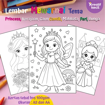 50 gambar Mewarnai kertas gambar untuk anak perempuan Tema Princess Kerajaan Gaun Cantik Mahkota Peri Bunga ukuran a4 dan a5 HVS 100 gsm