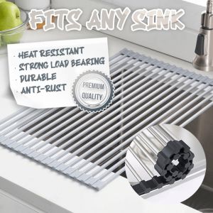 Stainless Roll-up Over Sink Rack Foldable Dish Drying Rack Bowl Holder Kitchen Storage Tray Rollable Over Sink Mat Easy to Store Create More Sapce Black Gray Grey