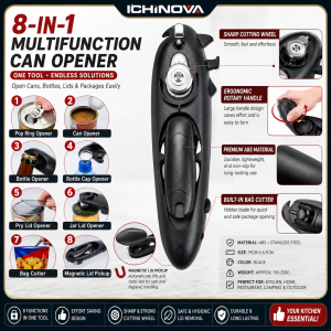 ICHINOVA 8 In 1 Multifunction Can Opener Manual Bottle Opener Jar Lid Opener Magnetic Can Cutter Kitchen Tool