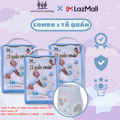 【XẢ KHO】[COMBO 3 Bịch] Bỉm tã quần cho bé từ 6kg trở lên thương hiệu Miracle Baby chất liệu Protein tơ tằm mềm mại thoáng mát có 4 size M16/L14/XL12/XXL10 - HSD 11/2026