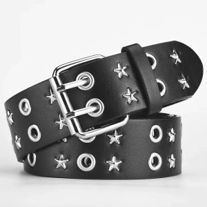 Y2K Punk Rivet Leather Belts Women Men Star PU Black White Waist Strap Double Row Hollow Trendy Waistband Jeans Skirt Decoration