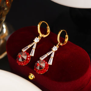Fashionable Ring Gift 年红色镶钻网状水滴耳扣耳环女设计感重工大气款耳坠时尚耳饰