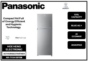 PANASONIC 325L Inverter Top Freezer Refrigerator with Blue AG+ & Wide Fresh Case - NR-TV341BPSM