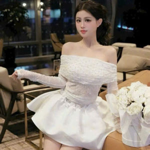 CR_ Set thiết kế đi tiệc set áo Lưới ren đá kim sa bling tay dài trễ vai kèm chân váy ngắn Tapta