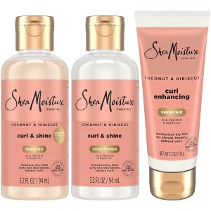 SheaMoisture Travel Shampoo Conditioner Leave-In Curl Smoothie 3.2 Oz Ea    Coconut & Hibiscus Anti-Frizz Hair Products for Curly Hair    Silk Protein Neem Oil & Shea Butter for thy Bouncy Curls