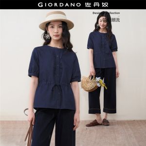 Giordano Women Ruffle placket tie waist denim blouse Free Shipping 18346717