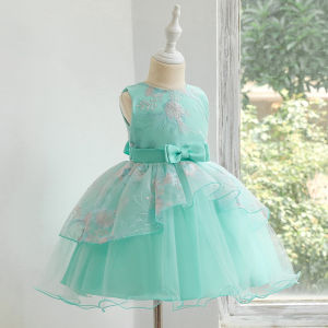 Girls Belt Bowknot Embroidered Princess Pink Sleeveless Gauze Dress Twins Gray Senior Birthday Party Skirt Baby Lace Green Performance Costume Blue TuTu Skirt