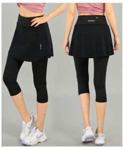 Womens Dry Fit Sports Tights Pants Skirt Knee Length 2in1 for Tennis Badminton Jogging Yoga Exercise Cropped
