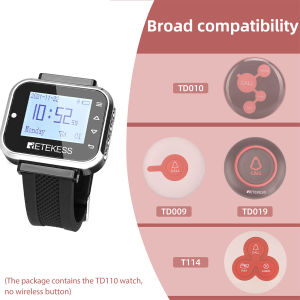 Retekess เครื่องรับนาฬิกาไร้สาย TD110ระบบการโทรแบบไร้สายเพจเจอร์ร้านอาหารวิทยุติดตามตัวใส่ข้อมือแบบชาร์จไฟได้ปุ่มโทรเตือนนาฬิกาที่ใช้สำหรับร้านอาหารร้านกาแฟ