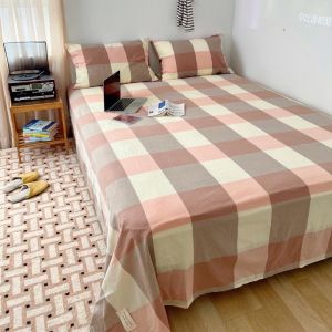 Cotton Bedsheet Single Queen King Size 100% Washed Cotton Plaid Grey Blue Pink Flat Sheets