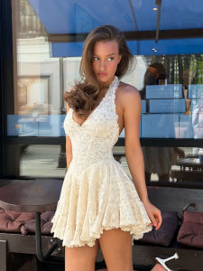 Lace Womens Mini Dress Elegant V Neck Waist Cinched A Line Puff Hem Skirt Street Fashion Backless Summer Lady Halter Dresses2026