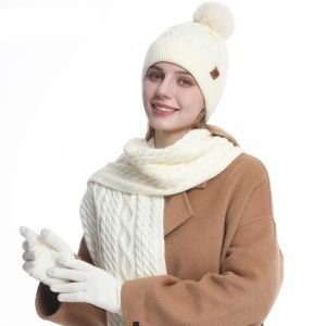 MUKANG 3-Piece Set Hat Scarf Gloves Set Thermal Twist Winter Beanie Hat Neck Warmer Simple Warm Knit Cap Women