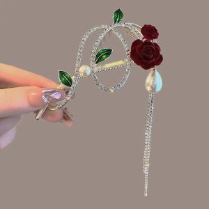 Jepit Rambut Korea Sanggul Bahan Logam 10.5cm Aksen Permata dengan Rumbai Mutiara HBA016