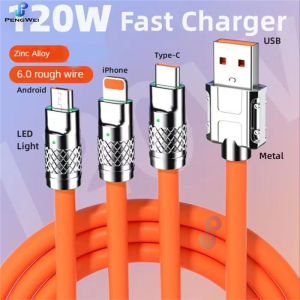 Pengwei 120W 6A Fast Maturing Charging High Quality Liquid Silicone Data Cable Zinc Alloy USB Charging Indicator With LED For IOS Android Type C Data Cable