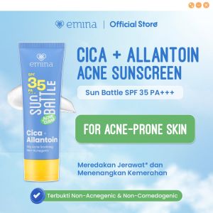 NEW! Emina Sun Battle SPF 35 PA +++ Acne Clear Cica + Allantoin Airy Acne Soothing 50 ml - Sunscreen untuk Melindungi dari sinar UV untuk Kulit Berminyak Berjerawat Sensitif. Ringan no whitecast fresh. Teruji in-vivo non-acnegenic & no