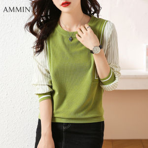 AMMIN Áo Sơ Mi Sọc Voan Dệt Kim Dài Tay Màu Xanh Lá Thiết Kế Thời Trang Phong Cách Hàn Quốc Áo Hai Dây Giả Cổ Tròn Khâu Thanh Lịch Mới Mùa Thu Áo Kiểu Nữ Thiết Kế Sang Trọng