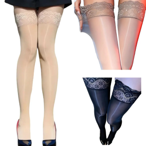 Elasticated Over Knee Hosiery Breathable Nylon Fabric Glossy Sheer Thigh High Stockings With Feminine Lace Detailing