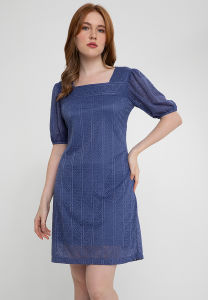 Krizia Square Neck Puff Sleeves Lace Shift Dress