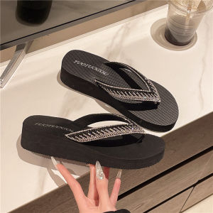 Free Shipping Sparkling Rhinestone Simple Outdoor High-Heeled Sandals Summer Mid-Heel Flip-Flops For Women Non-Slip And Wear-Resistant