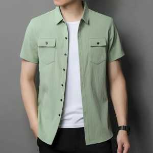 Kemeja pria hitam polos lengan pendek Linen Shirt kasual slimfit dewasa distro