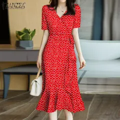 ZANZEA Korean Style Womens Short Sleeve V Neck Floral Printed Ruffles Swing  Midi Dress Office OL Dresses KRS #11