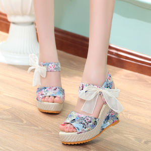 [Free Shipping] WomenS Summer Casual New High-Heeled Floral Wedge Sandals With Bowknot Straps And Thick Soles In Bohemian Style