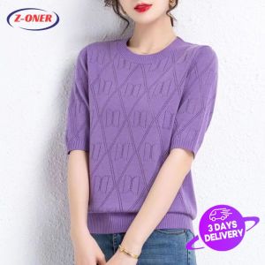 Z-ONER Hollow T Shirt for Women Short-sleeved Blouse Ice Silk Knitted Tshirts