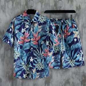 The new INS popular beach shirt suits short-sleeved shirts and drawstring shorts Hawaiian print floral mens clothes travel and vacation beach casual mens and womens tops.