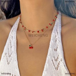 [COD] WEICHENG Cute Sweet Red Cherry Chain Bracelet Necklace Anklets For Women Vintage Fruit Jewelry Wedding Party Gift