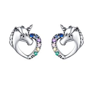 BAMOER Lucky Licorne Stud Earrings for Girl Multicolor Horse Ear Studs 925 Sterling Silver Anti-allergy Jewelry for Kids SCE611