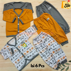 Paket 6pcs Setelan Baju Bayi Baru Lahir Lengan Panjang Kekinian Lucu Motif Animal kombinasi Abu dan Mustard- Juragan Lebak
