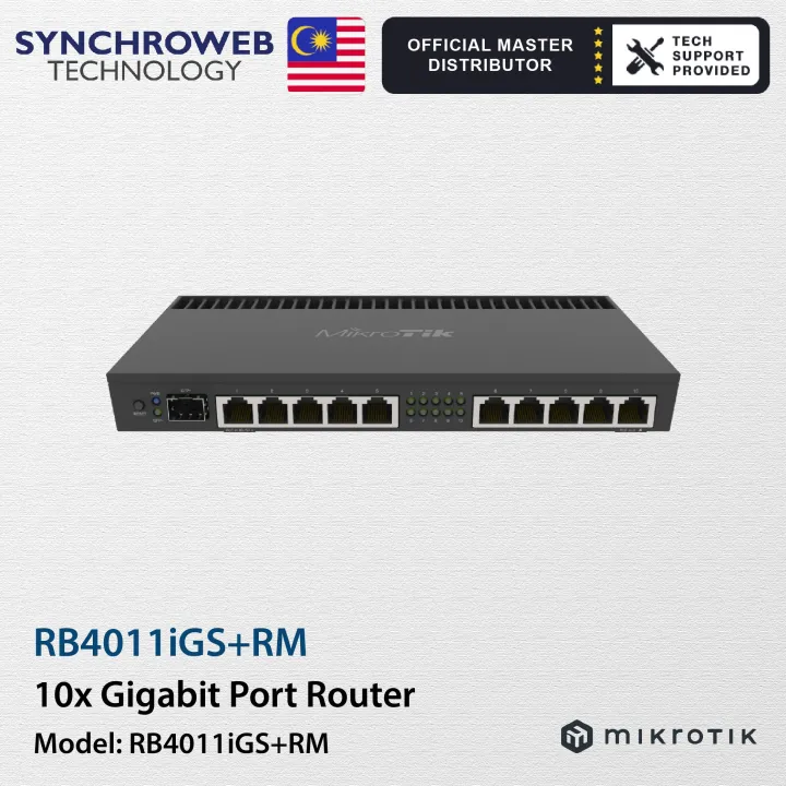 Mikrotik RB4011iGS+RM - Powerful 10xGigabit port router with a Quad-core 1.4Ghz CPU, 1GB RAM, SFP+ 10Gbps cage and desktop case with rack ears