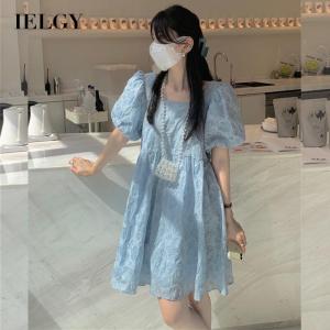 IELGY street shot small fresh square neck print short-sleeved dress for women