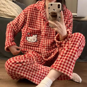 Cartoon Sanrio Hello Kitty Winter Coral Fleece Lapel Cardigan Womens Pajamas Thickene Warm Long Sleeve Comfortable Homewear Set