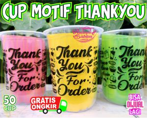 gelas cup minuman plastik MOTIF THANKYOU 14oz 16oz 18oz 22oz oval datar/ cup boba / sedotan boba bubble / tapioka pearl / bobatee / bubuk minuman boba / cup teh / cup of tea / cup poci / bubuk minuman avocado / cappucino / chocolate / coklat