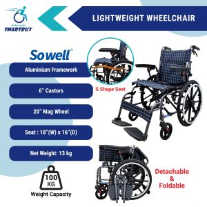 Sowell Aluminium Lightweight & Foldable Wheelchair with Flip-up Armrest & Backrest | Portable & Durable