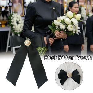 DOWNA Princess Memorial Black Ribbon Brooch Black Satin Pearl Badge Pin Multi-layer Badge Accessory For Funerals and Mourning