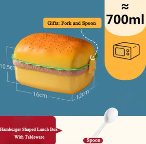 กล่องอาหารกลางวันแฮมเบอร์เกอร์ 2 ชั้น กล่องเบนโตะเบอร์เกอร์น่ารัก ไมโครเวฟ กล่องใส่อาหารเด็กไปโรงเรียน ส้อม ชุดเครื่องใช้บนโต๊ะอาหาร ของขวัญ